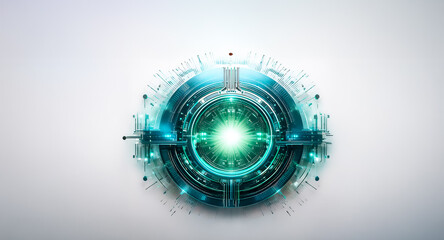 Poster - Futuristic circular technology design with glowing teal and green light in the center on a clean white backdrop. Abstract, digital, and cybernetic element.
