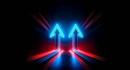 Aufkleber - two luminous arrows, outlined in blue neon and filled with red light, point upwards against a stark 
