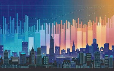 Poster - Financial Skyline: The modern cityscape silhouette comes alive with a vibrant display of data, embodying economic growth and progress.