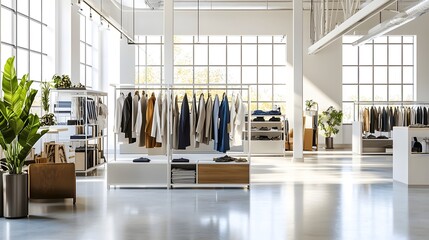 Aufkleber - A bright and airy fashion design studio showcasing a collection of stylish garments in various stages of production and development