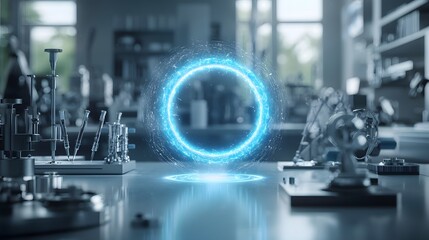 Aufkleber - A captivating image depicting a glowing enigmatic portal surrounded by an array of sophisticated scientific equipment and instrumentation