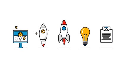Aufkleber - A collection of colorful startup themed icons including a rocket lightbulb and business plan document arranged in a row on a clean white background symbolizing innovation growth