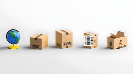 Fototapete - A collection of logistics icons including a shipping box globe and barcode symbolizing the various aspects of shipping delivery and global transportation