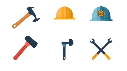 Poster - A collection of six basic construction and repair icons including a hammer wrench and hard hat arranged horizontally on a white background