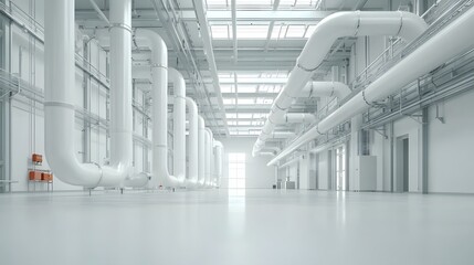 Leinwandbilder - A complex network of industrial pipes and ventilation equipment in a clean sterile white industrial facility or warehouse