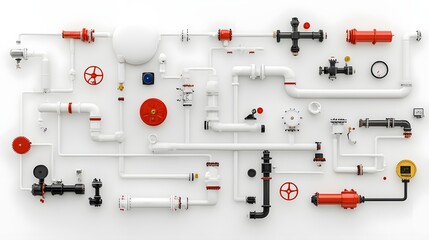Poster - A comprehensive depiction of an intricate engineering pipeline system layout showcasing the interconnected components and assembly against a clean minimalist white backdrop
