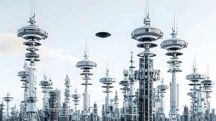 Aufkleber - A conceptual depicting a cluster of futuristic metallic towers and structures that appear to be part of an advanced scientific research facility or installation