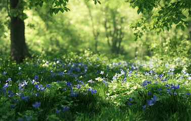 Wall Mural - Here output based on image and instructions serene spring scene unfolds with sun dappled meadow of bluebells, evoking tranquil and peaceful ambiance in this natural environment