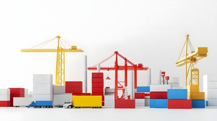Poster - A conceptual image depicting the concept of trade restrictions through the use of rising barriers container boxes and construction equipment in an industrial setting
