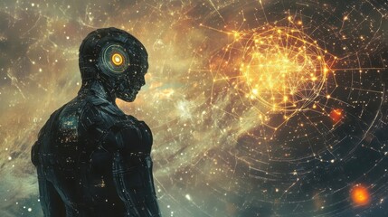 Poster - A futuristic robotic figure contemplates a celestial cosmic network structure