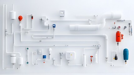 Poster - A detailed and organized arrangement of various pipes valves fittings and other plumbing components shown against a minimalist white background