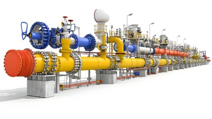 Fototapete - A detailed engineering pipeline system layout featuring various industrial other components against a clean white background