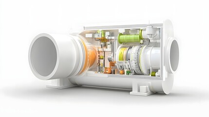 Leinwandbilder - A detailed cutaway view showcasing the internal components and structure of a PVC pipe assembly set against a clean minimalist white background for a technical engineering focused presentation