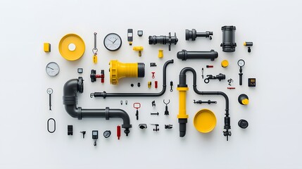 Leinwandbilder - A detailed still life image showcasing various industrial pipes valves and plumbing fittings arranged in an organized grid pattern against a plain white background