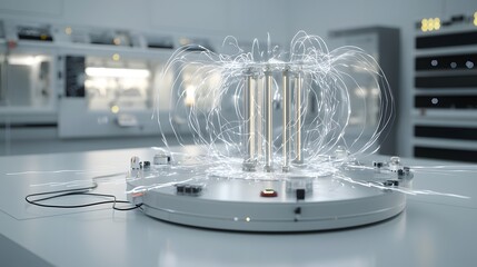 Poster - A futuristic high tech laboratory setup with a glowing spherical device emitting ethereal energy fields hinting at a captivating scientific experiment in progress