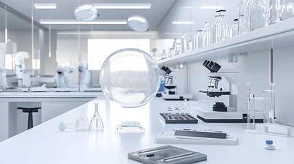 Poster - A glowing levitating energy sphere suspends in mid air within a clean white research laboratory filled with scientific equipment and instrumentation