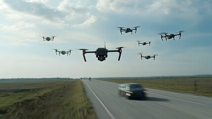 Aufkleber - A group of unmanned aerial vehicles drones hovering in the sky above a rural road with a car passing by in the distance