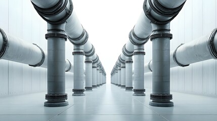 Poster - A high angle view of a series of large cylindrical metal pipes stretching into the distance against a plain white background showcasing the scale and uniformity of an industrial pipeline system