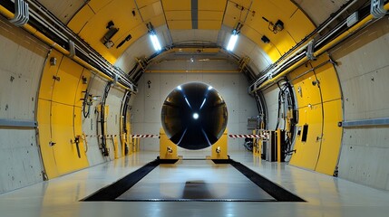 Poster - A high tech industrial engineering facility featuring a long cylindrical tunnel like structure with bright yellow lighting and advanced technological components