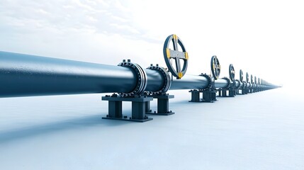 Poster - A long row of metallic oil pipeline fittings and valves stretching out into the horizon representing the infrastructure and technology behind energy production and distribution