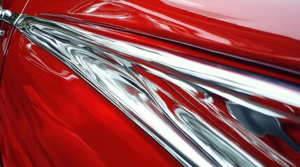 Poster - Red automobile body panel with shiny metallic trim and reflections