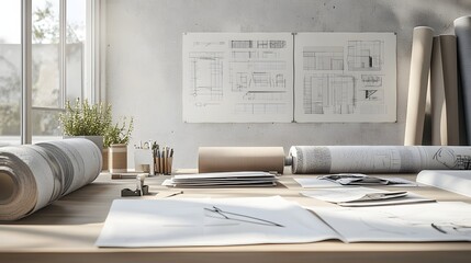 Poster - A minimalistic fashion design studio filled with architectural blueprints rolls of fabric and creative concept sketches showcasing the planning and behind the design process
