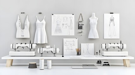 Poster - A modern well organized fashion design studio showcasing sewing sketches and sewing patterns on a sleek white workspace