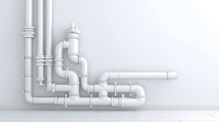 Fototapete - A photograph showcasing an intricate system of white plumbing pipes and drainage infrastructure against a bright clean background