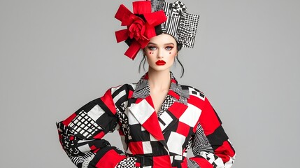 Poster - A striking avant garde fashion design featuring bold geometric patterns dramatic colors and an elaborate headpiece that showcases the of abstract art