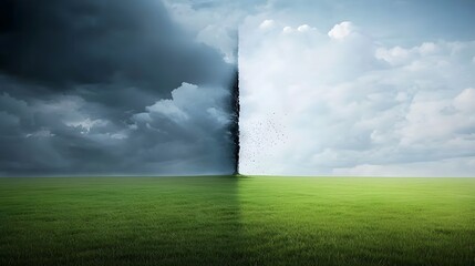 Poster - A surreal scene of an interdimensional rift ripping through the atmosphere releasing a stream of mysterious particles into the stormy landscape below