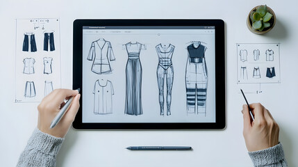 Poster - A fashion designer using a digital tablet to sketch and conceptualize innovative futuristic clothing designs in a minimalist studio workspace