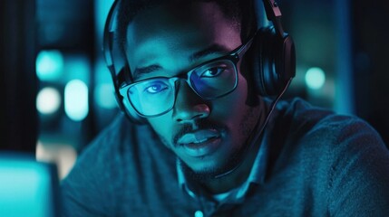 Poster - A young man wearing glasses and a headset intently working