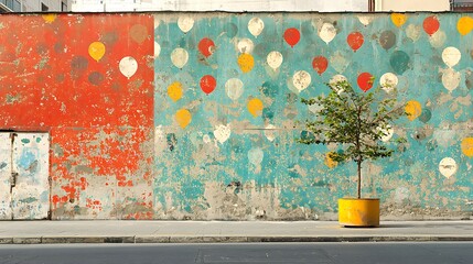 Poster - Artistic urban balloon pattern mural on city wall with tree in front creating a unique urban landscape