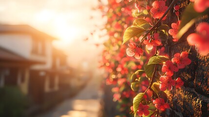 Poster - Vibrant cherry blossom tree in full bloom with striking red flowers against an urban city wall mural backdrop