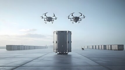 Aufkleber - Advanced drone defense system with multiple unmanned aerial vehicles guarding a military installation against potential airborne threats