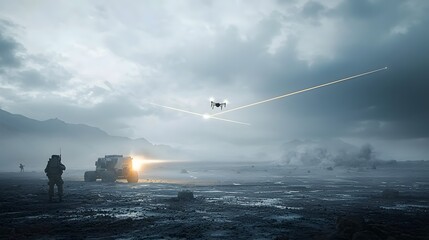 Poster - Advanced radar technology monitoring the skies for potential drone threats in a challenging stormy combat environment