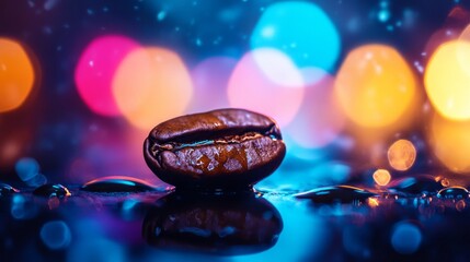 Aufkleber - Close-up of coffee bean on wet surface with colorful bokeh lights, evening ambiance