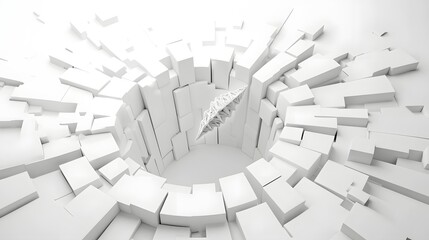 Poster - An abstract geometric arrangement of cubes rectangles and planes exploding out from a central point against a plain white background creating the impression of a hidden dimension or folded space