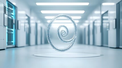 Fototapete - An abstract glowing spiral of energy appears to manifest in the clean minimalist corridors of a high tech scientific laboratory