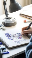 Poster - Enthusiastic individual engaged in drawing a beautiful butterfly on a notebook with vibrant and colorful patterns