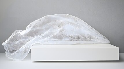 Poster - Elegant white box adorned with a sheer white veil resting on a clean surface for modern display purposes