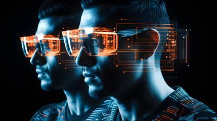 Poster - Two individuals wearing stylish glasses engaged in a fascinating conversation inside a time machine setting with glowing features.