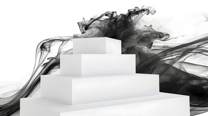 Poster - Ethereal white and black smoke wisps flowing elegantly against a blank contemporary stone podium background