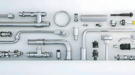 Poster - An arrangement of various metal plumbing pipes connectors fittings and tools laid out against a clean white background showcasing the essential components used in plumbing installations and repairs