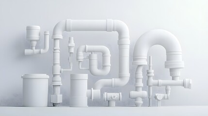 Poster - An arrangement of various plumbing pipes connectors and fittings on a clean minimalist white background showcasing the intricate design and interconnected nature of a comprehensive plumbing system