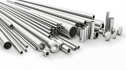 Poster - An arrangement of various stainless steel pipes and tubes of different sizes and shapes neatly organized against a clean white background