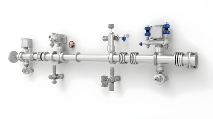 Poster - An array of metal pipe fittings valves and interconnected components on a clean white studio background showcasing the complexity and precision of modern industrial plumbing and engineering systems