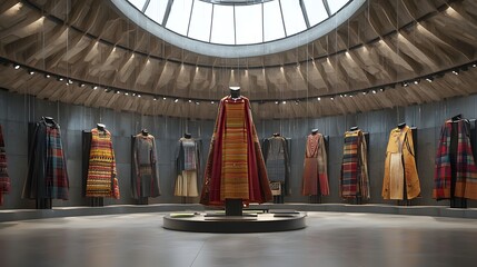 Aufkleber - An avant garde fashion exhibition featuring a dramatic minimalist display of intricate suspended garment forms in a futuristic architectural space