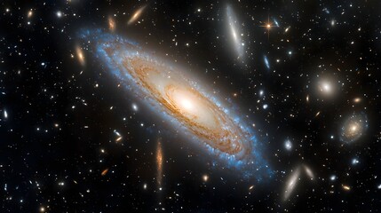 Poster - An extraordinary image depicting a majestic spiral galaxy surrounded by a swirling cosmic dance of stars gases and gravitational forces revealing the vast mysteries and grandeur of the universe