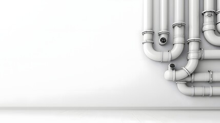 Poster - An industrial looking arrangement of metallic HVAC pipes tubes and duct junctions set against a clean minimalist white background